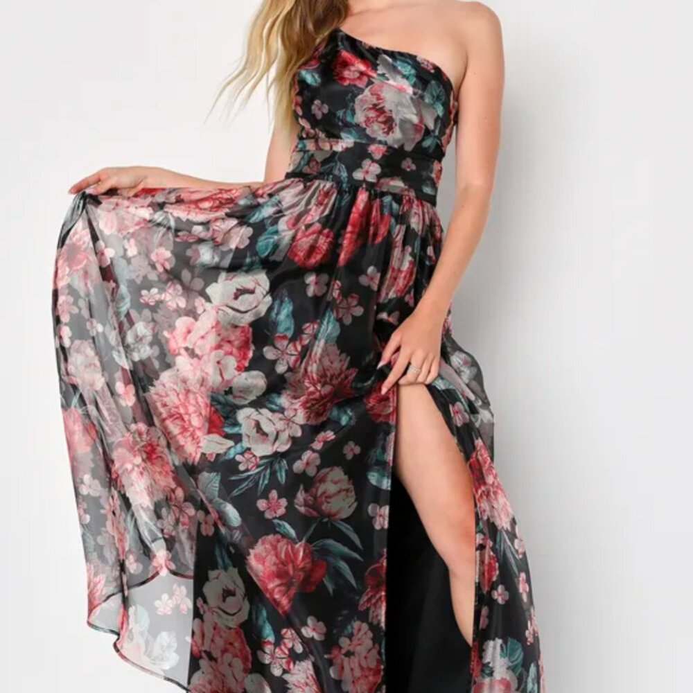 Bringing the Charm Black Floral Organza Slit One-Shoulder Maxi Dress